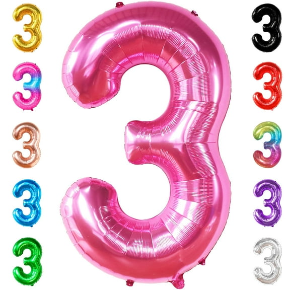 KatchOn, 40 Inch Hot Pink Large 3 Number Balloons Big Foil Helium Number Balloons 0-9 Jumbo Happy 3rd Mylar Birthday Party Decorations for Girl Anniversary Party Supplies