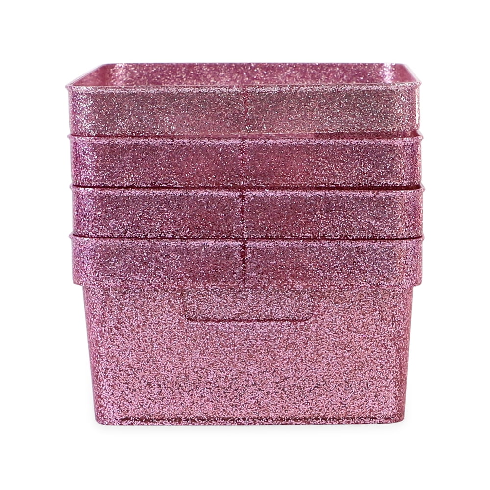 Isaac Jacobs 4-Pack Small Pink Glitter Storage Bin Set with Cutout Handles, Home Storage Solution