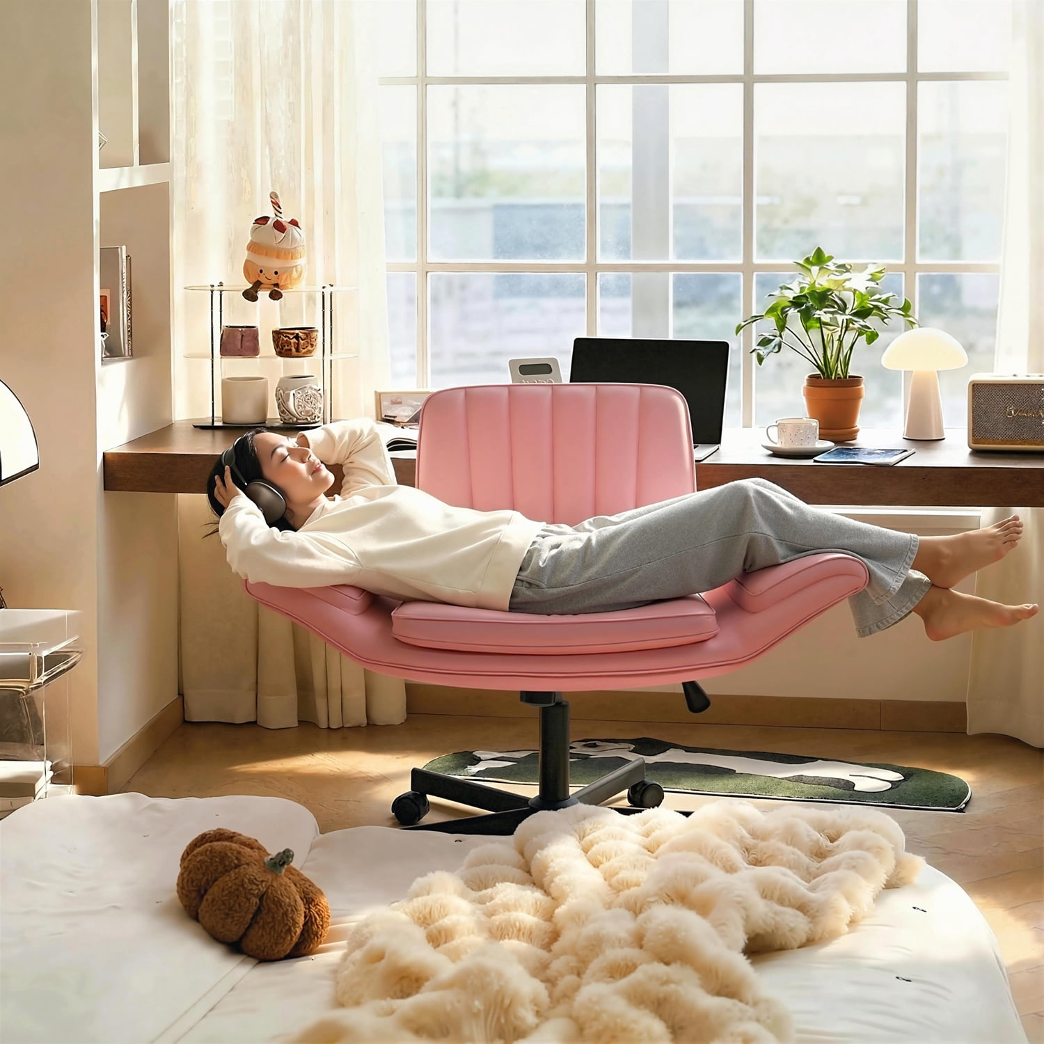Waleaf Criss Cross Chair with Wheels & Armrests, Criss Cross Office Swivel Chair, PU Leather Vanity Chair with Back, Beige Comfortable Adjustable Vanity Desk Chairs for Home Office and Bedroom