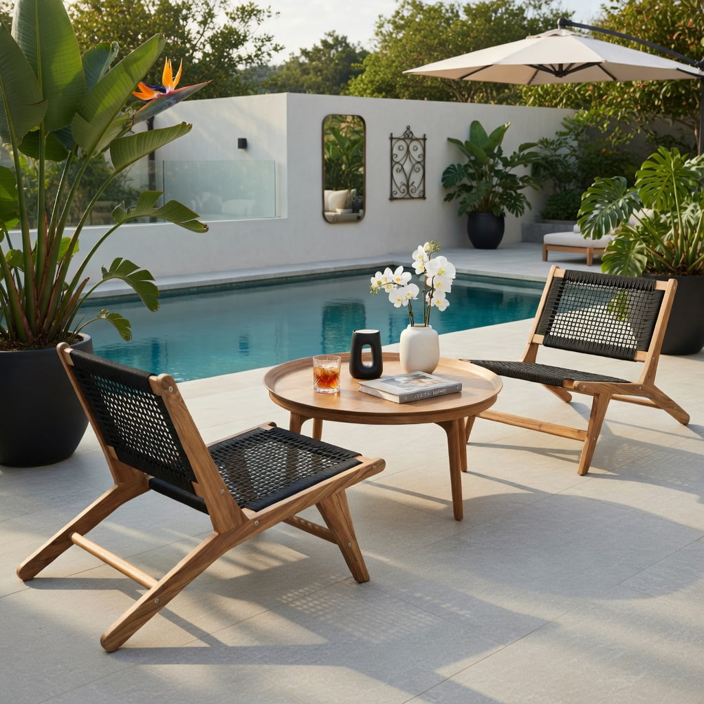 Hommoo Indoor Outdoor Teak Wood Dining Chair with Handwoven Cord Seat & Ergonomic Backrest, Natural + Black