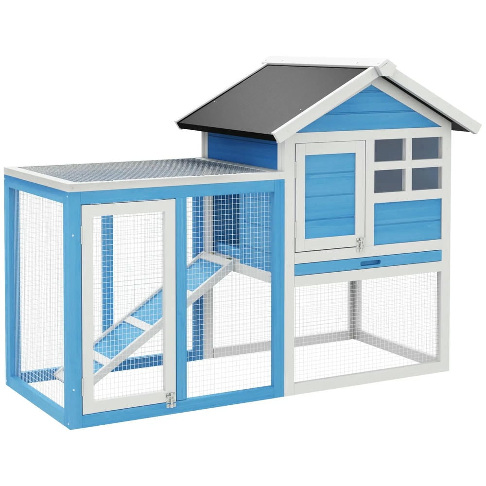 Spaco 48inch Wooden Rabbit Hutch Bunny Cage with Waterproof Asphalt Roof, Fun Outdoor Run, Removable Tray and Ramp, Light Blue