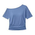 thumbnail image 4 of ZHYou Off Shoulder Oversized Tshirts for Women Short Sleeve Basic Tee Casual Summer Pullover Lightweight Tops Blue XL, 4 of 6