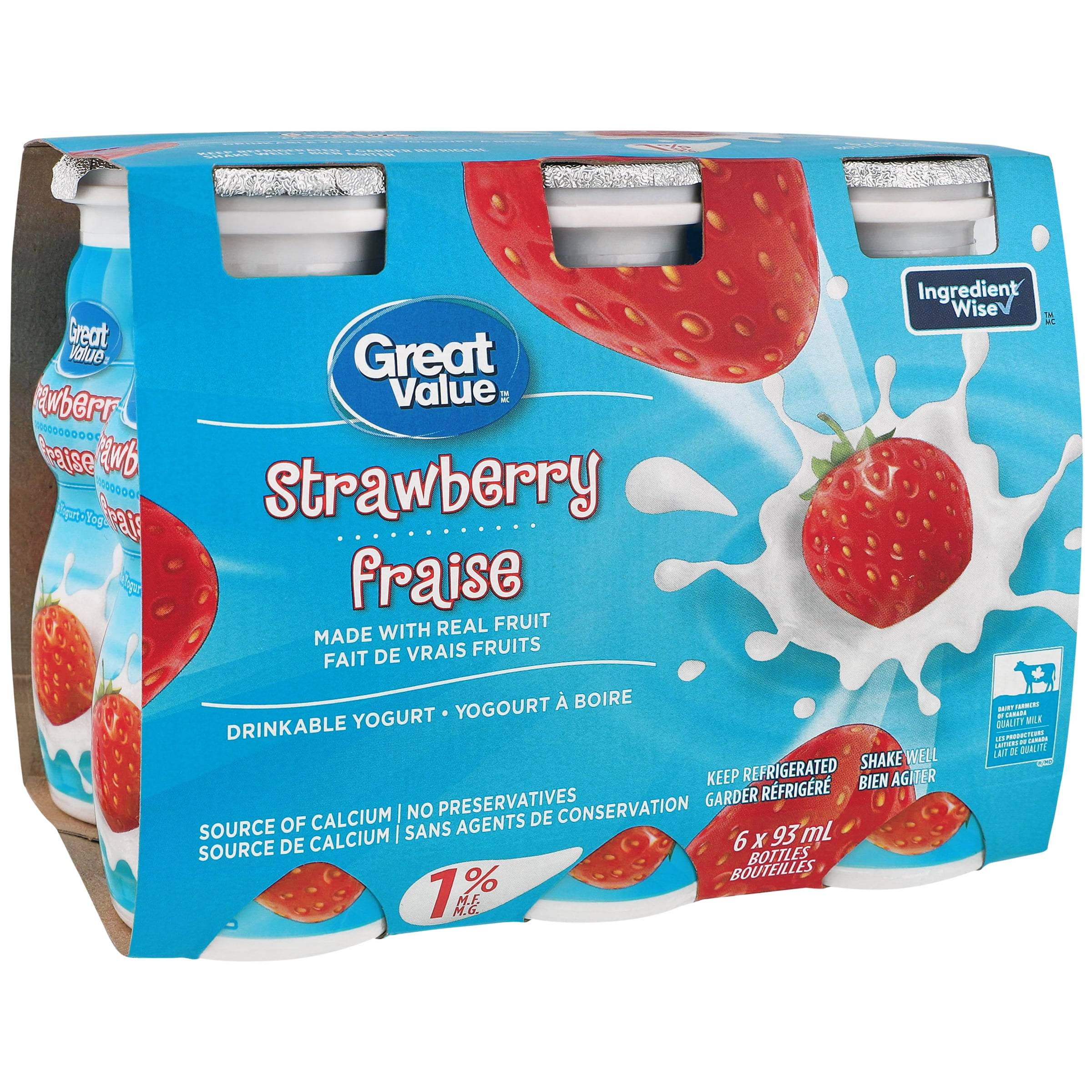 Yogourt à boire à la fraise Great Value 6 x 93 mL