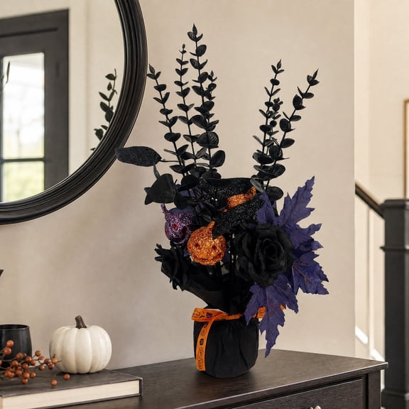 Black White Gothic Halloween Decor Set 36cm, Mini Pumpkin Tree Arachnid Web Bat Themed Party Supplies, 6 Spooky Styles