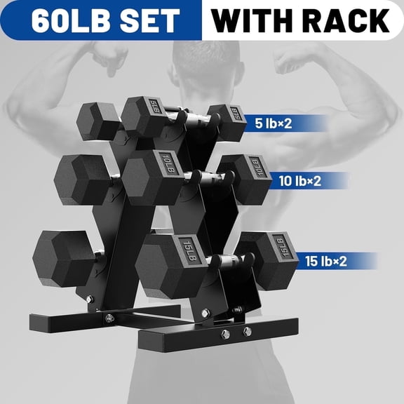 ROALW Heavy Duty 60 lb Rubber Hex Dumbbell Weight Set with Rack for Home Strength Training