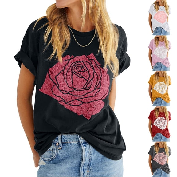 QHWAUAKFBN T Shirts For Women Trendy Graphic Rose Graphic Tee Loose Fit Summer Short Sleeve Boyfriend Crew Neck Tshirts Top