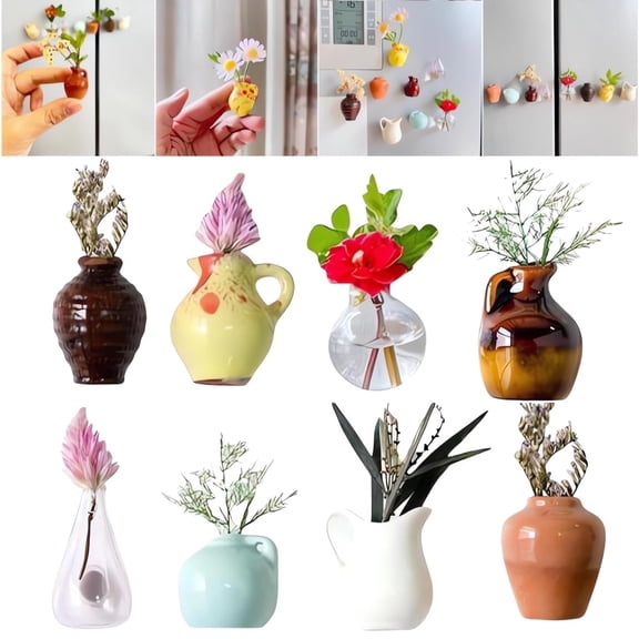 ZHENYEMEI 8 Pack Mini Vase Magnets for Fridge, Small Resin Vase Fridge Magnet for Kitchen Decor, 3D Vase Fridge Magnets without Plant for Refrigerator, Kitchen, Locker, Office, Desktop Decoration