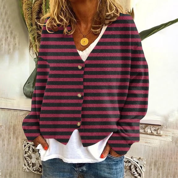 Women's Striped Cardigan Sweaters Fashion Casual Long Sleeve V Neck Button Knitted Jacket Fall Winter Outerwear New Jackets for Women Trendy Fall Wine XXL