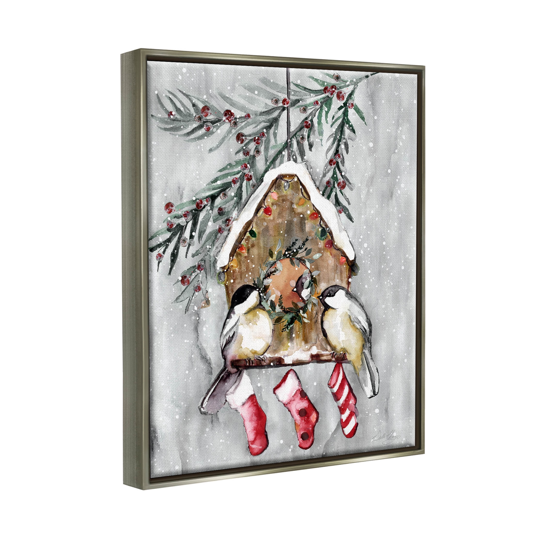 Stupell Industries Holiday Stockings Birdhouse Perched Graphic Art Luster Gray Floating Framed Canvas Print Wall Art, Design by Stella Chang