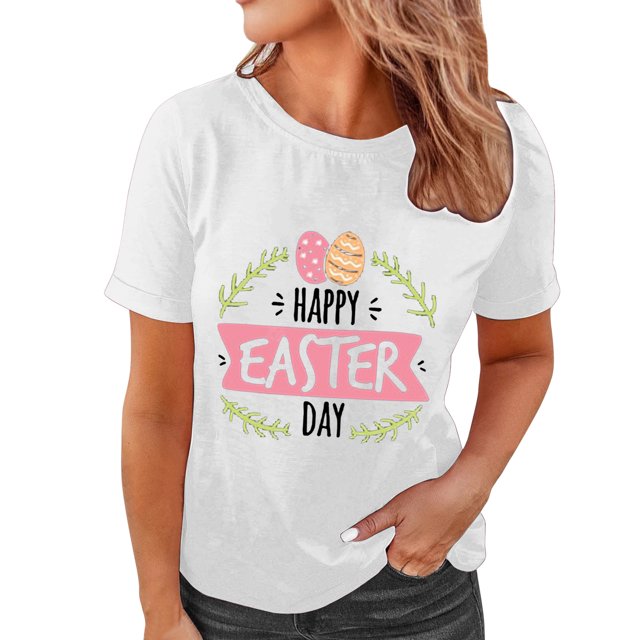 Pxiakgy Liquidation! Joyeuses Pâques! T-Shirts pour Femmes, T-Shirt Graphique Lapin de Pâques, T-Shirts de Vacances Œuf de Pâques, Mode Féminine Col Rond Manches Courtes T-Shirt Imprimé de Pâques Blanc S