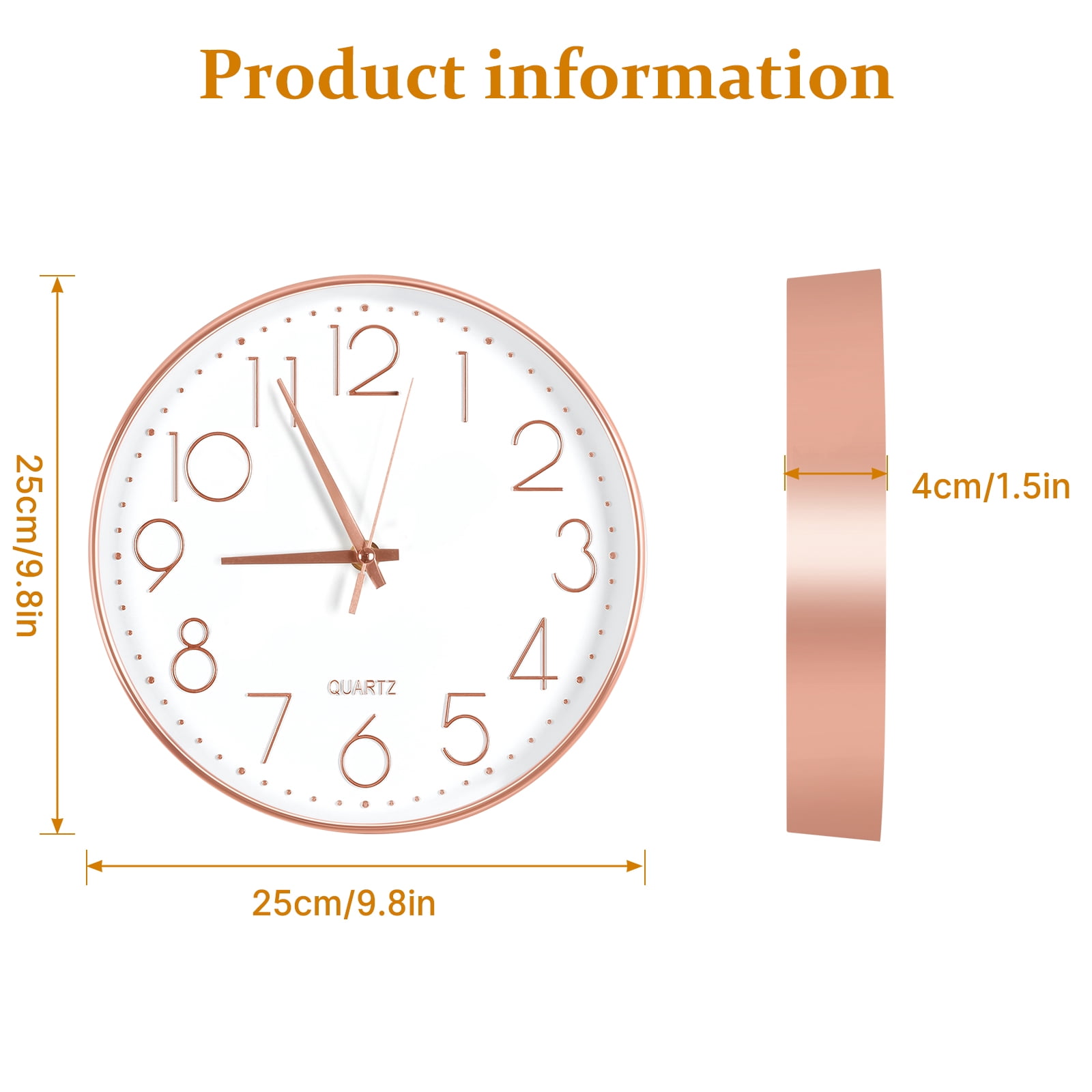 Wall clock Plastic Silent Suitable for decoration 10in Rose Gold