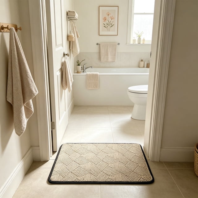 Bathroom Carpet Mat with Non-Slip Rubber Backing, Absorbent Machine Washable Floor Mat, 60 x 40 cm, Black/Blue/Yellow