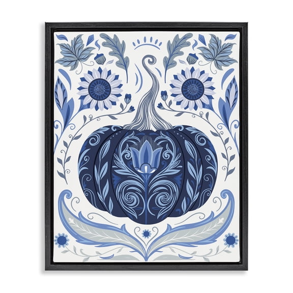 Stupell Industries Symmetrical Floral Pumpkin Plants & Flowers Painting Black Floater Framed Canvas Art Print Wall Art, 17 x 21