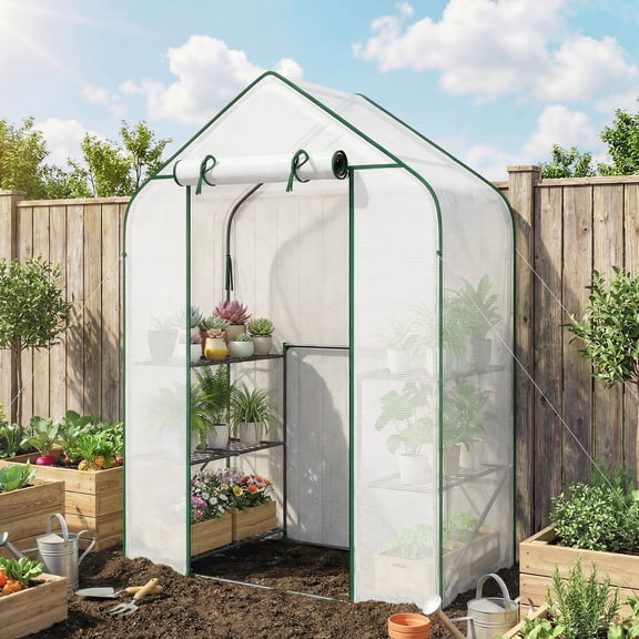 Outsunny Greenhouse for Outdoors, 6 Shelves Greenhouse with UV-Resistant PE Cover, Roll-Up Door, White