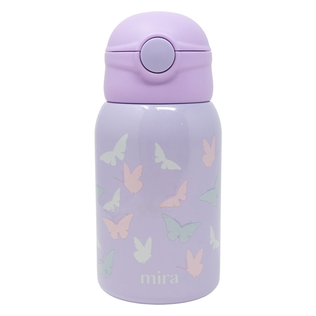 Mira 15 oz Kids Stainless Steel Water Bottle - Thermos Insulated Flask Keeps Cold - One Touch Straw Lid Cap, Sky - Dinosaurs