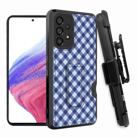 ANJ  Rugged Shockproof Hoster Case w/Card Slot, Kickstand   Tempered Glass Cover for Samsung Galaxy A33 5G - Blue Plaids
