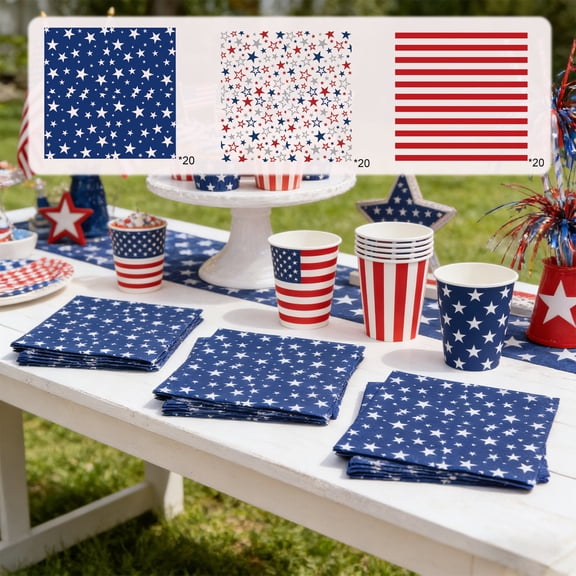 Euaioeiu 20Pcs American Independence Day Paper Napkins Red White Blue Star Stripe Patriotic Themed 13x13in Disposable Party Napkins for US National Day Holiday Table Decor