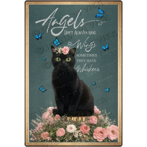 Angels Don't Always Have Wings Sometimes They Have Whiskers Black Cat Memorial Tin Sign, Cat Gifts for Cat Lovers, Black Cat Angel Wall Decor for Bedroom Living Room 12x16 Inches