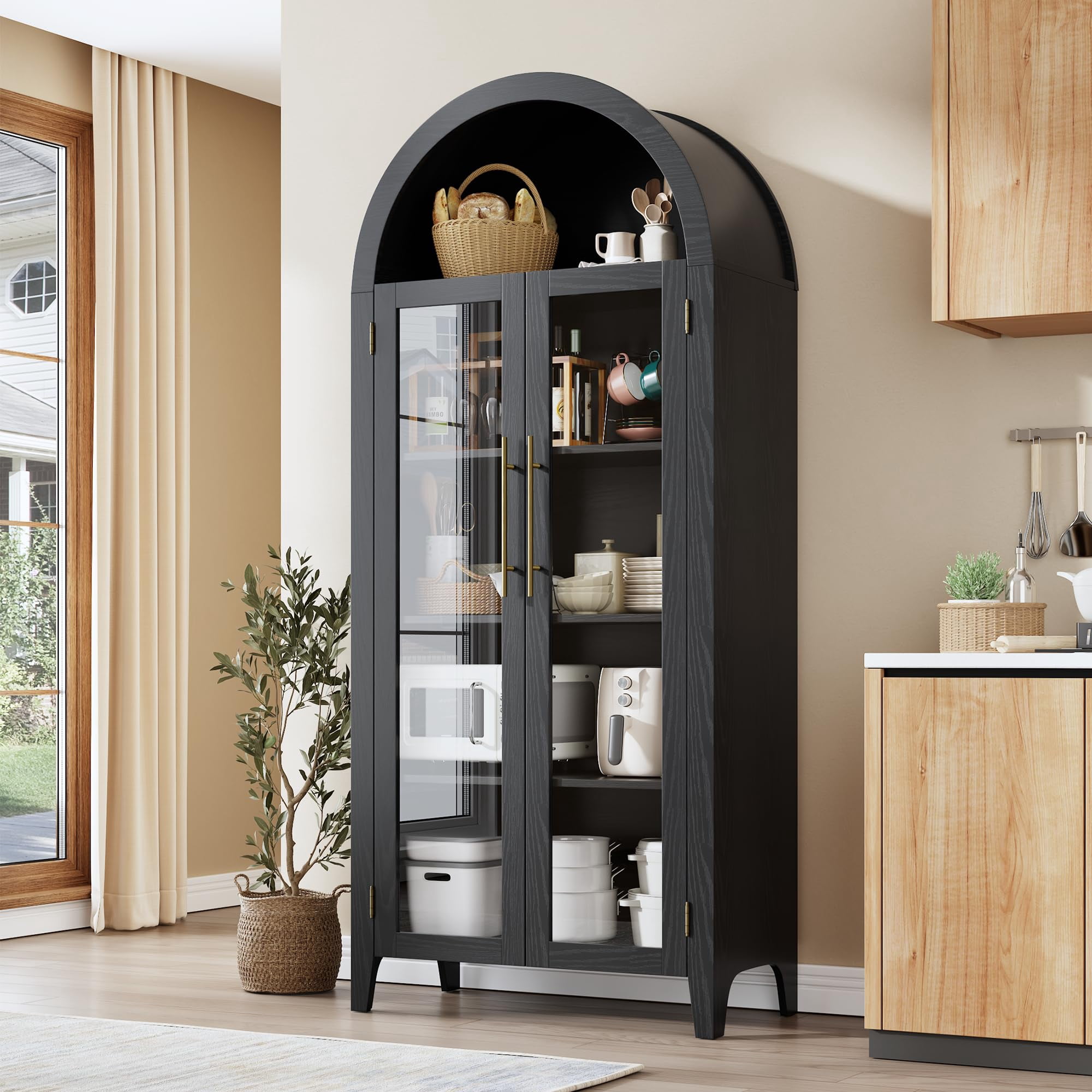 Soonbuy 5 Tier Arched Kitchen Pantry Storage Cabinet, Farmhouse Display Shelf with Adjustable Shelf and 2 Large Glass Doors, Versatile Cupboard for Kitchen, Dinning Room, Living Room