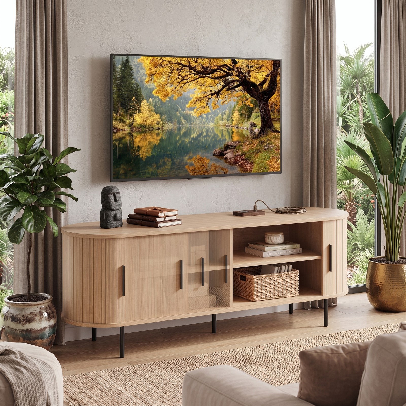 Furnibear Fluted TV Stand for TVs up to 60 Inch, Mid Century Modern Curved Entertainment Center with Open Storage Shelves, Wood Media Console Table for Living, Natural