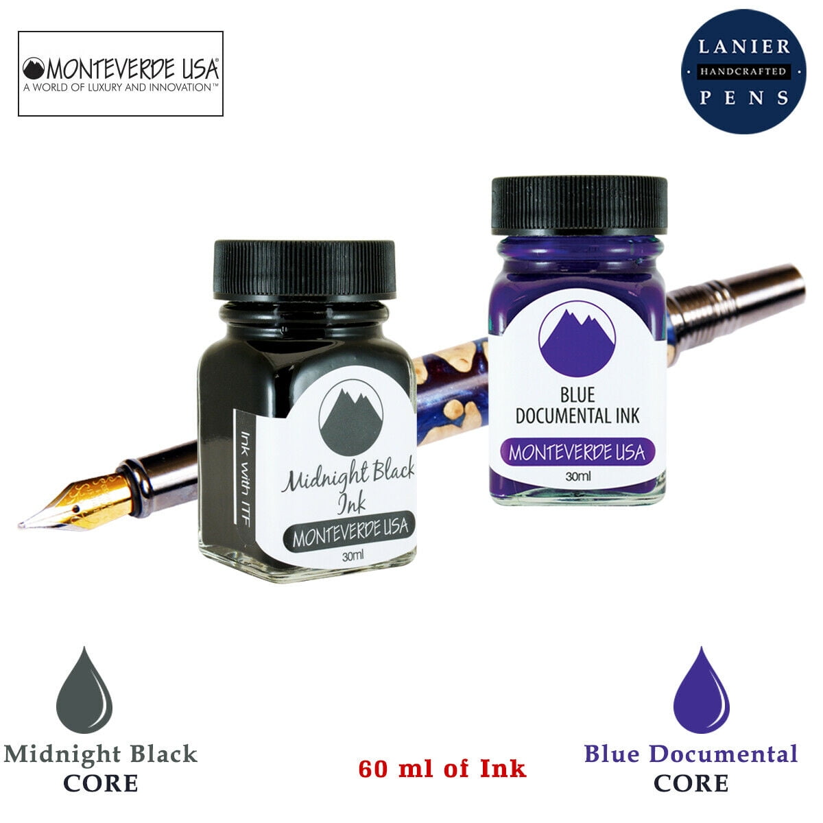 Monteverde 60ml Core Fountain Pen Ink Bottle (30ml Midnight Black Ink Bottle G309MB, 30ml Blue Documental Ink Bottle G309DU)