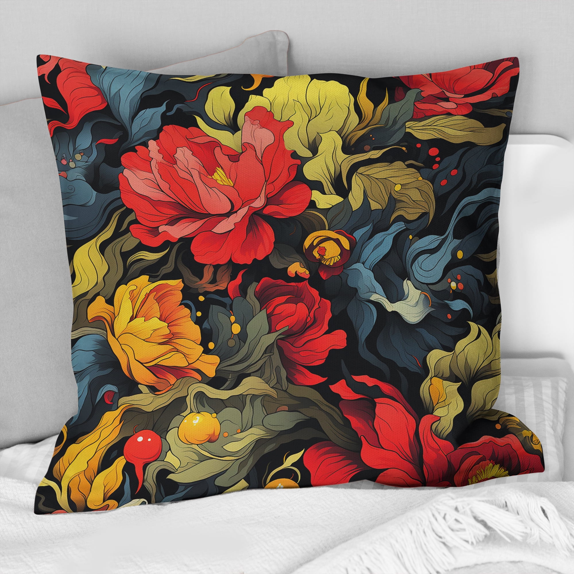 Designart Crimson Azure Rebel Florals II Floral Throw Pillow Traditional Pillow For Couch Insert And Pillows Covers For Bedroom Decor