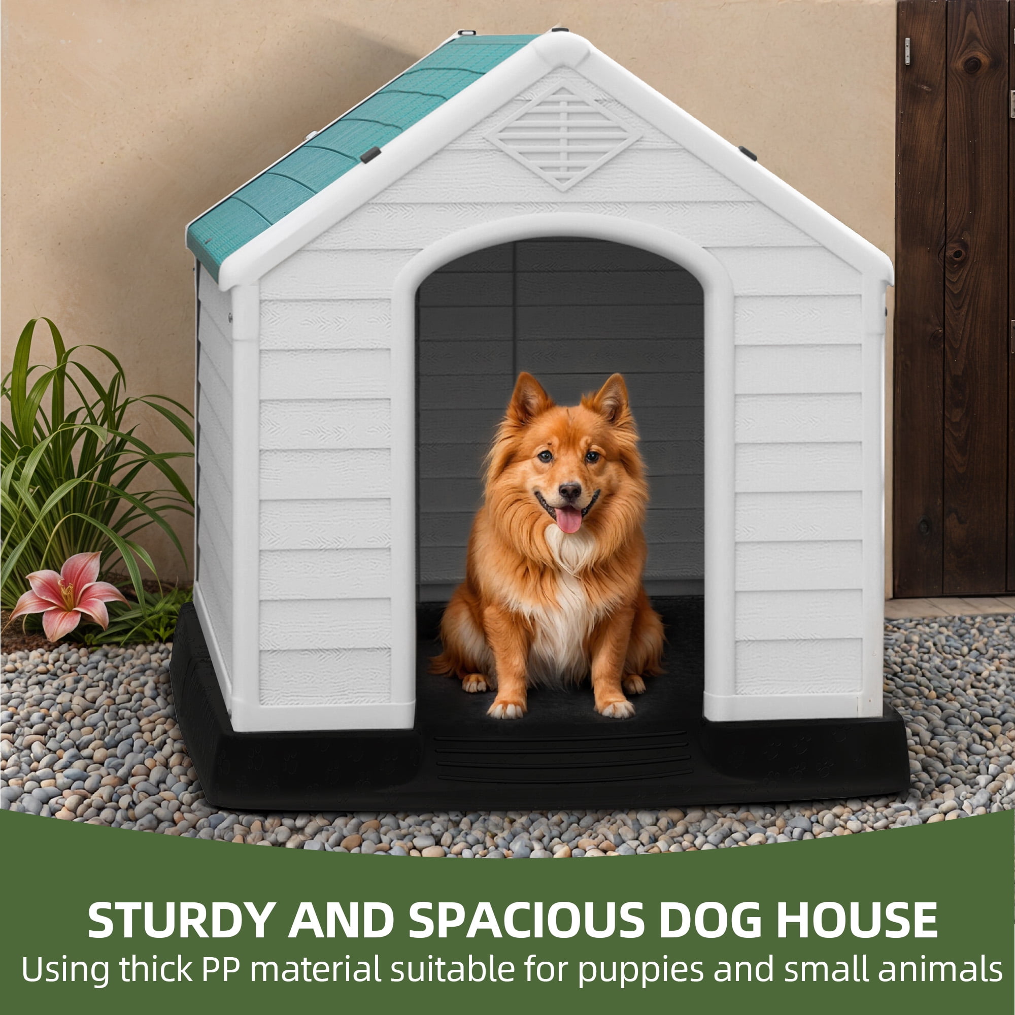 Uforic Waterproof Plastic Dog House with Air Vents and Elevated Floor, Outdoor Indoor Doghouse Puppy Shelter,Blue,28.5''Lx 26''Wx 28''H