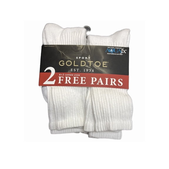 Gold Toe Sport Cotton Crew Socks 8 Pack White AquaFX Cushioned Men's Size 6-12.5