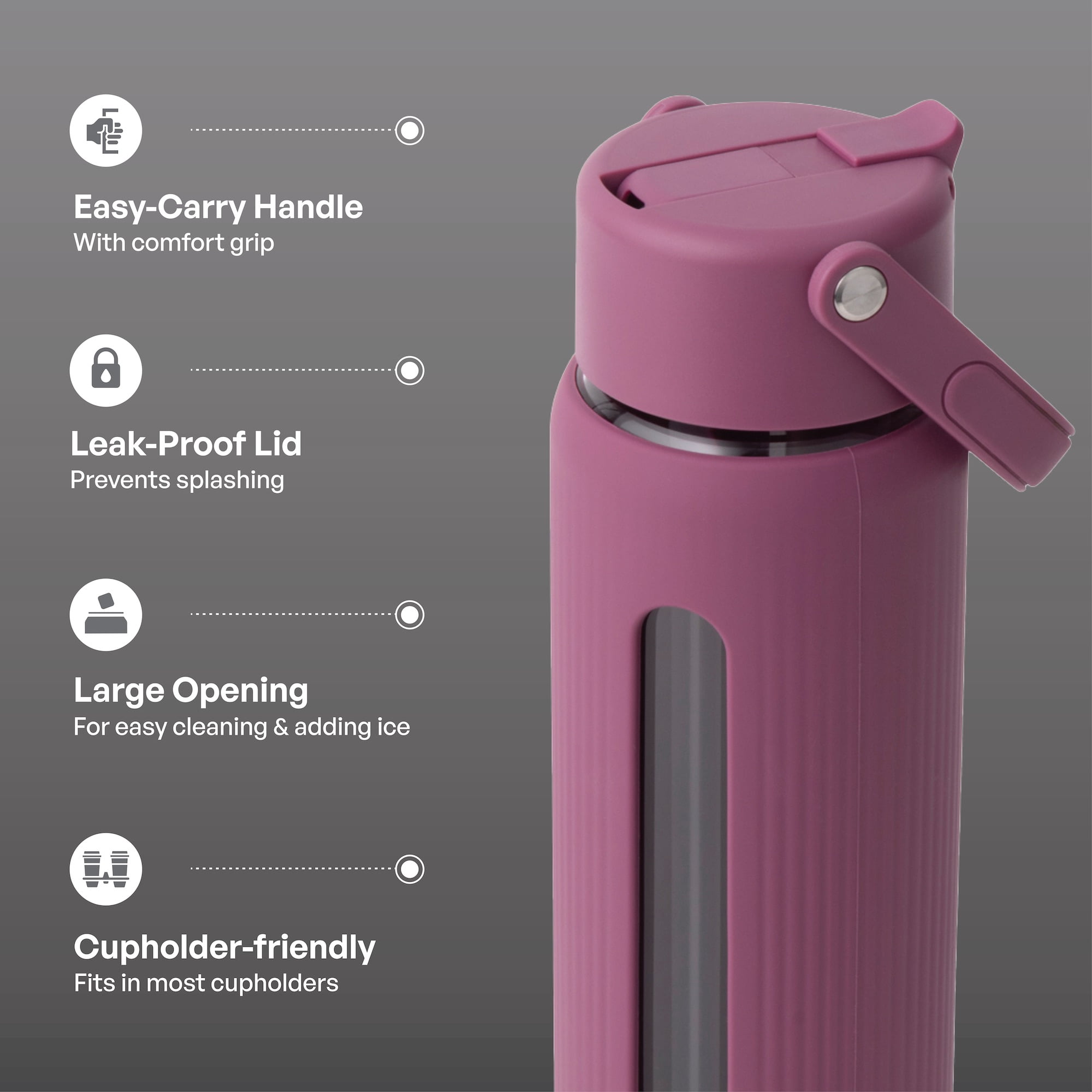 TAL 24oz Glass Willow Water Bottle with Flip-up Straw and Handle, Berry