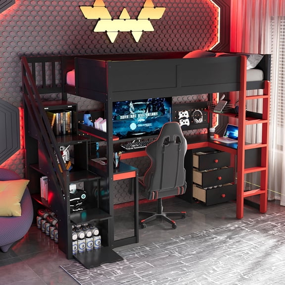 ChenyueFurn Gaming Wood Storage Twin Loft Bed with Desk Black