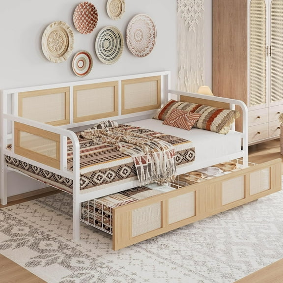 RWTFGV Twin Daybed, Day Bed Frame with Storage Drawers, Rattan Boho Corner Bed Frames with Strong Supports, Sofa DayBed for Living Room, Bedroom, and Guest Room, White