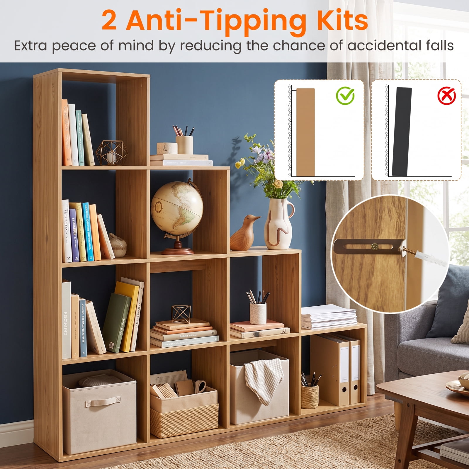 Furnibear 4-Tier Tall Bookshelf with 10 Open Cubes Anti-Tipping Kits and Screw Hole Covers for Home Office and Living Room, White