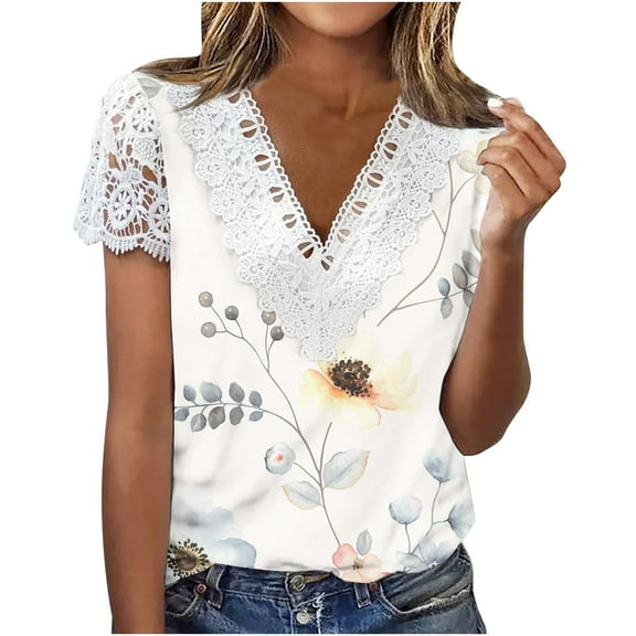 Brilliant Women Tops on Sale under $10 Women Fashion Summer Sexy Fold Printed Regular Women Short Sleeves V Neck Button Top Clearance