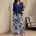 thumbnail image 2 of MORTTIC Women's Elegant 2-Piece Set - Long Sleeve V-Neck Blouse with Button Detail & Tropical Leaf Print Flowy Pants, 2 of 5
