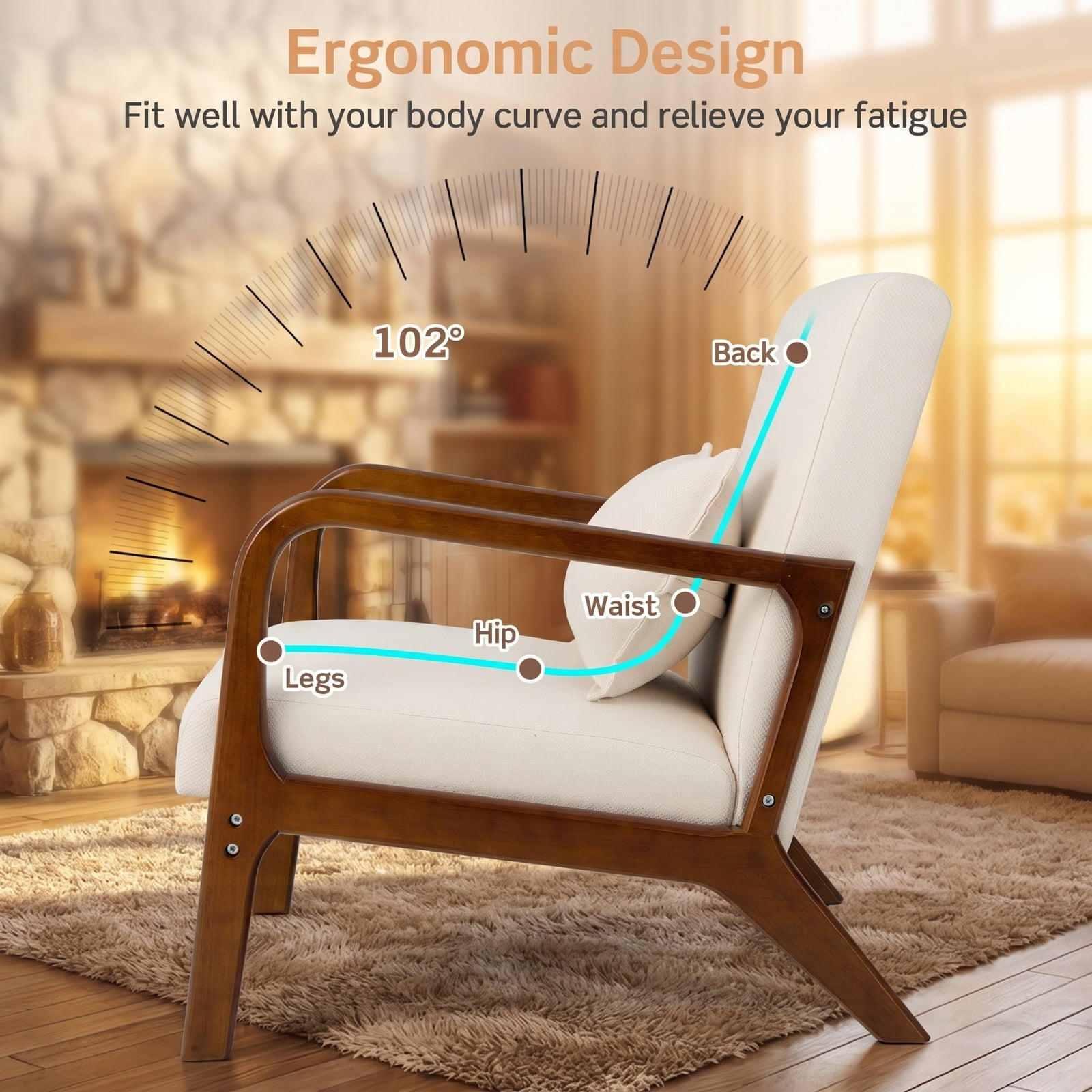 Furnibear Modern Accent Chair with Rubber Wood Frame and Lumbar Pillow, 330 lbs Capacity, Beige - for Living Room, Bedroom and Home Office