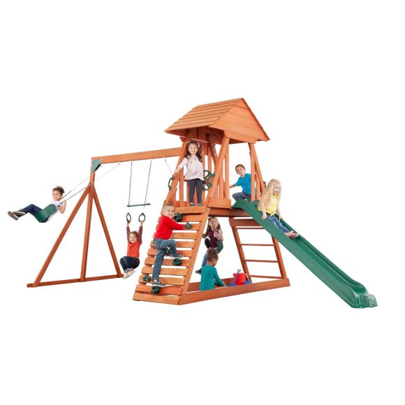 Cedar Chalet Playset avec toit en bois, bac à sable et toboggan