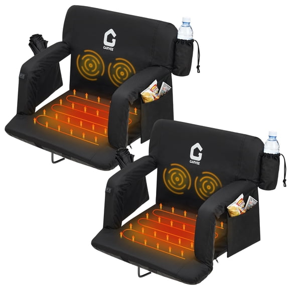 Garvee 2 Pack Portable 25" Width Heated Stadium Seats with Dual-Side Warmth 3 Heat Settings 6 Recline Positions, Adjustable Arms & Storage Pockets