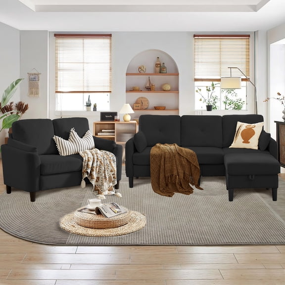 Soscana Living Room Furniture Set,Convertible Sectional Sofa with Storage Ottoman and Loveseat, 3 Seater L Shaped Couch with Reversible Chaise and Storage Pockets for Home Apartment Studio Office