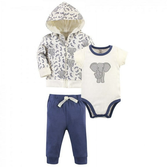 Touched by Nature Baby and Toddler Unisex Organic Cotton Hoodie, Bodysuit or Tee Top, and Pant, Print Elephant, 0-3 Months