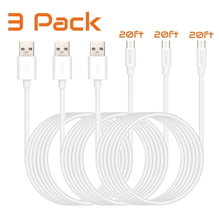 Agoz 3pack 20ft Micro USB FAST Charge Cable for Samsung Galaxy S7, S7 Edge Note 5 4, J7 Sky Pro J3, J3V, Moto G6 Play G5 Plus G4 E5 Supra, Droid Turbo 2, LG K40 K30, K20V, K10, K8, Aristo Rebel Fiesta