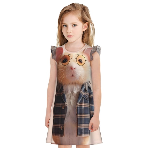 Fotbe Cute Mouse In Glasses Vestido de Dormir para Niñas de 3 a 10 Años, Mangas Cortas, Estilo Princesa, Pijama Camisón con Mangas Voladas-Small