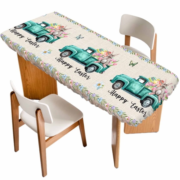 Happy Easter Table Cloths for 8 Foot Rectangle Tables, Spring Farmhouse Green Truck Eggs Bunny Patio Waterproof Elastic Fitted Tablecloths, Washable Rectangular Table Cover for Camping