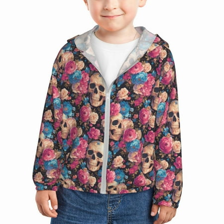 

Sun Hoodie for Kids Skull pink blue flower Long Sleeve Swim Fishing Shirts Sun Protection Zip Up Jacket Clothing Athletic Hoodie