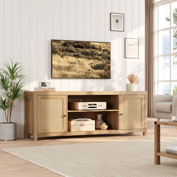 Flarhetoric Boho Rattan TV Stand for 75-Inch TVs, Natural Oak Wood Media Console with Adjustable Shelves & Rattan Doors – 66-Inch Entertainment Center for Living Room or Bedroom