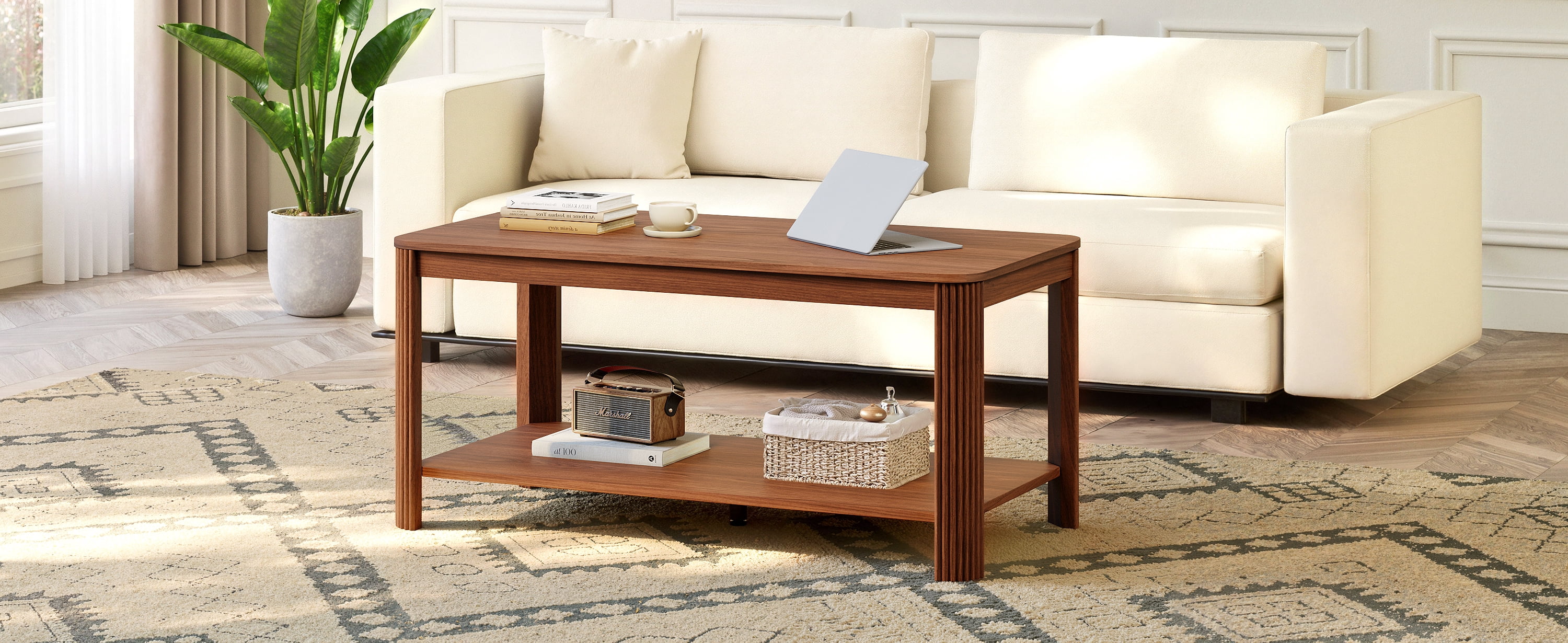 2-Tier Coffee Table with Storage Shelf, Vertical Wave Grain Legs, Walnut Finish, Modern Minimalist Rectangle Accent Table for Living Room & Bedroom, 39.4" L x 20" W x 17.7" H.