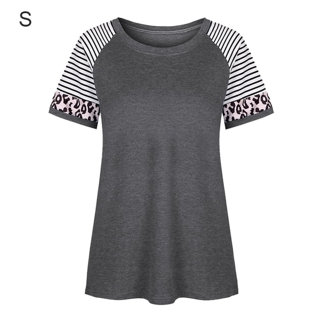 Camiseta de mujer con estampado de rayas, manga corta, blusa con cuello redondo, gris oscuro, S AweSitey AP001776-31