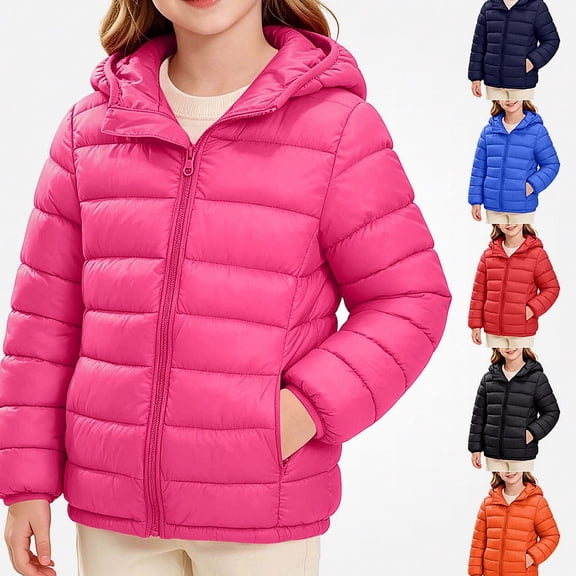 HAOTAGS Girls Puffer Coat (5-13) Long Sleeve Hooded Zipper Nylon Winter Warm Jacket Hot Pink Size 7
