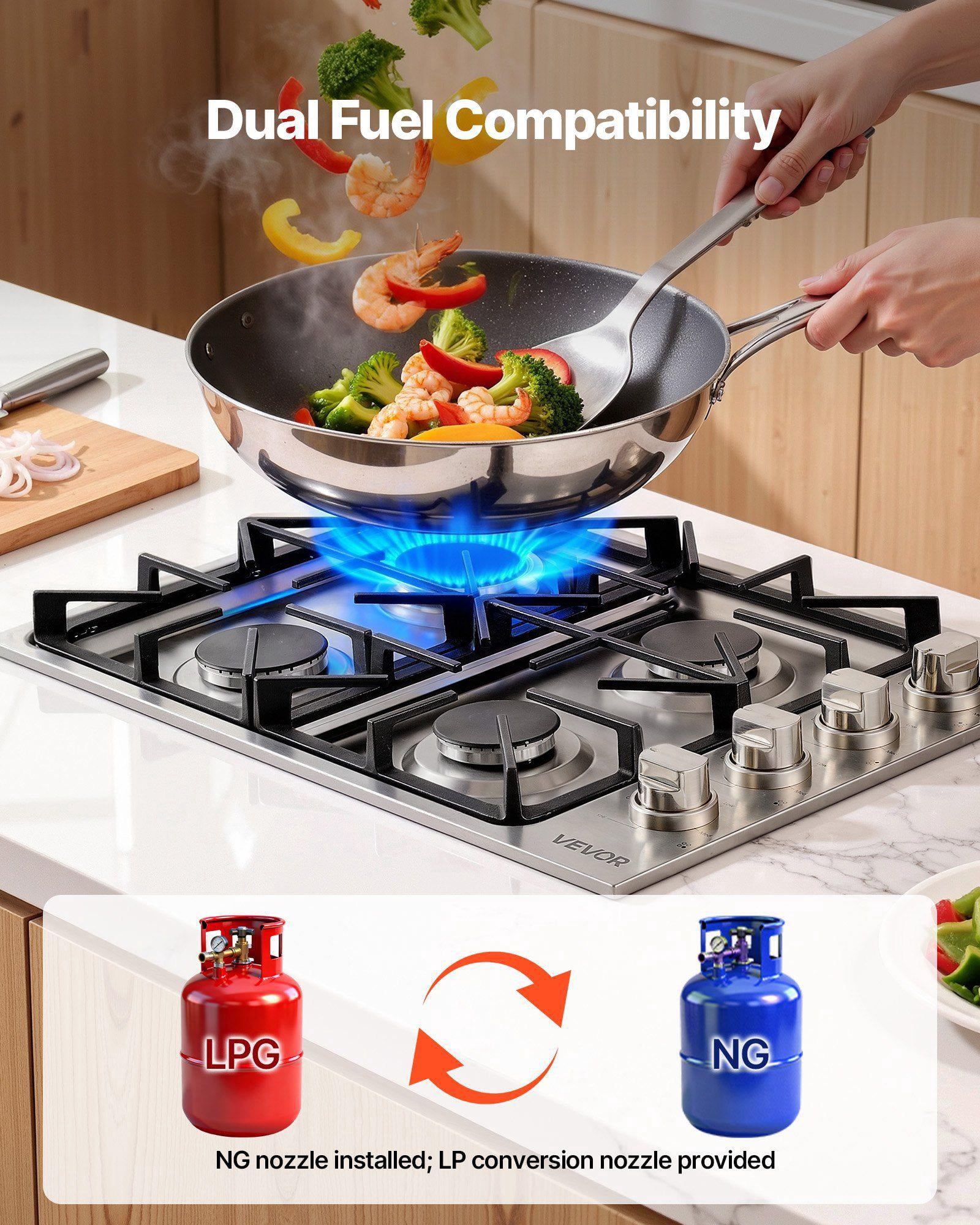 30 Inch 4 Burner Gas Cooktop 48000 BTU Stainless Steel Built In LPG NG Convertible Dual Fuel Sealed Burner Stove Top for Sear Stew Boil Stir Fry