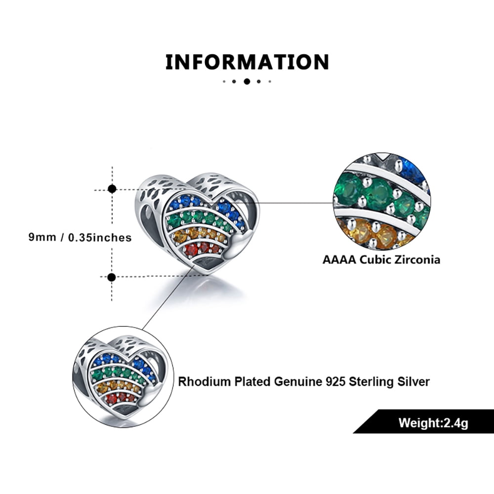 Heart Charm for Women European Bracelet Bead Sterling Silver Rainbow CZ Ginger Lyne Collection