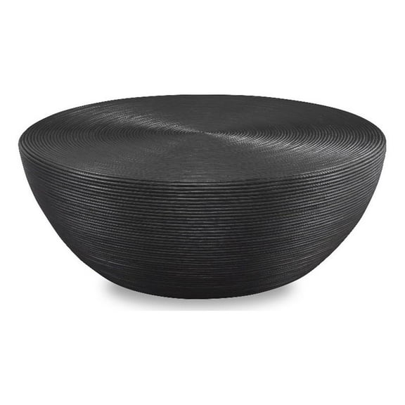 Maklaine 43.75" Round Top Transitional Rattan Coffee Table in Black